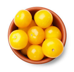 Ripe yellow cherry tomatoes in bowl isolated on white, top view