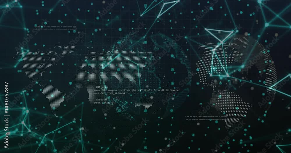Poster 3d render showing central dotted globe glowing and network links spreading across dark digital grid