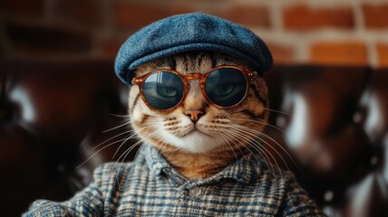 Stylish cat wearing sunglasses and a cap poses confidently in a cozy setting while sitting on a leather couch