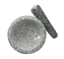 Stone mortar and pestle isolated on white, top view