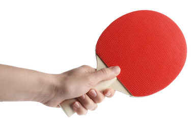 Woman with ping pong racket on white background, closeup