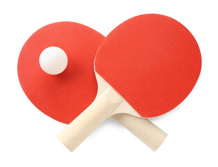 Ping pong rackets and ball isolated on white, top view