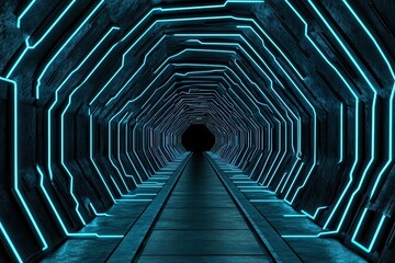 A futuristic glowing tunnel with neon blue circuit-like lines illuminating metallic hexagonal walls, leading into darkness with high-tech symmetry - AI Generated Digital Art