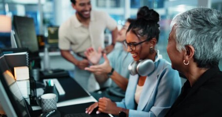 High five, computer and business people with applause, celebration and profit growth with web design. Smile, gesture and employees with pc, clapping and email for research, achievement and success