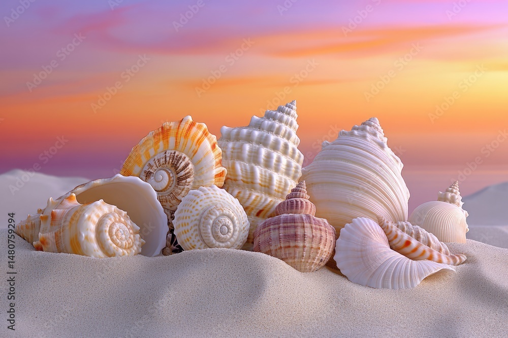 Poster a collection of diverse seashells are arranged on pristine white sand against a backdrop of a colorf