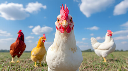 Fototapeta premium Closeup of Chickens in a Field Under a Blue Sky