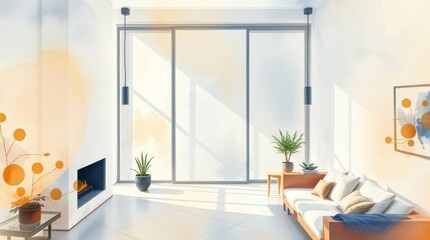 Fototapeta premium Creative light art, high-angle perspective, delicate watercolor painting of interior art pictures, translucent washes, fluid brushstrokes, elevated viewpoint, artistic lighting, abstract patterns