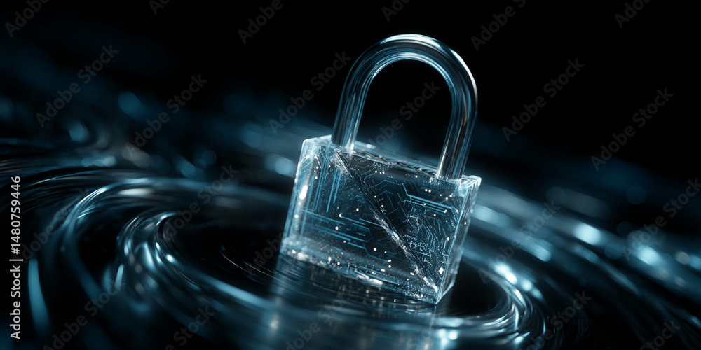 Poster glass padlock with digital circuit pattern inside, resting on dark, reflective surface with ripple e
