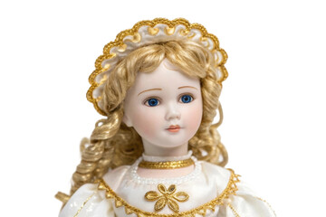 PNG Victorian-era caucasian female porcelain doll with blonde curls wearing lace bonnet