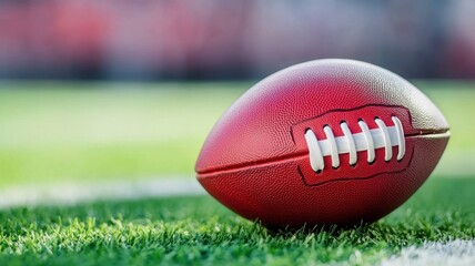 Football resting on green grass field during a sunny afternoon before the game starts