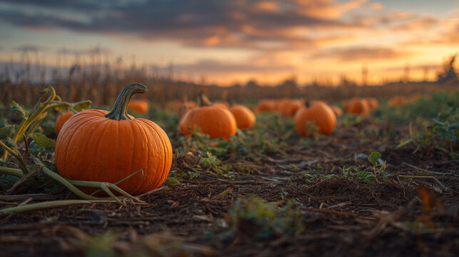 A pumpkin patch at sunset with many pumpkins in a field under a colorful sky at dusk or early evening