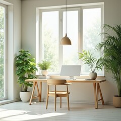 zen workspace minimalistic design calm ambiance natural light simple decor organized elements tranquil atmosphere productivity, chair, plant, furniture, lighting
