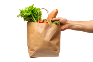 Hand Holding Fresh And Clean Kraft Paper Bag Isolated On Transparent Background