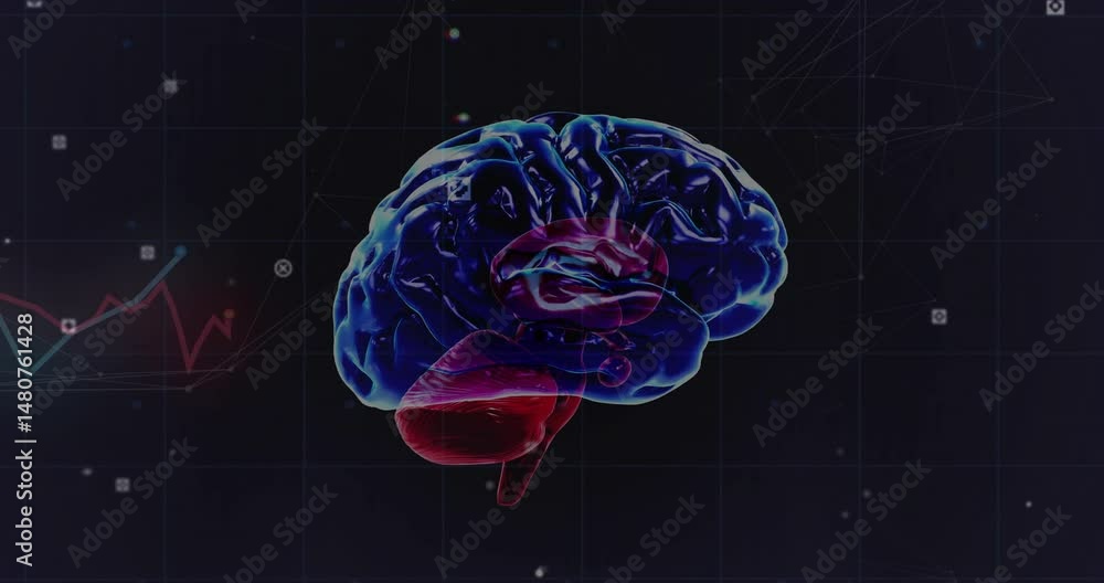 Poster 3d brain model glowing red and blue floating above dark grid, with mesh nodes, line graph