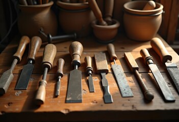 artisan tools neatly arranged rustic wooden table natural grain texture, workshop, craft, handmade, implement, design, woodworking, chisels, saws, plane