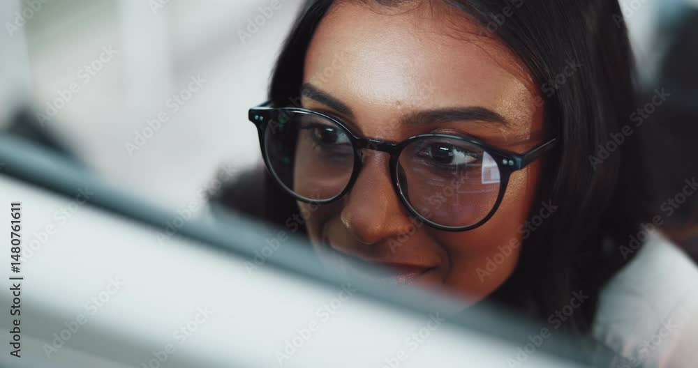 Poster Reading, woman and closeup of developer on computer for research, programming or software update. Glasses, Indian designer or coding for online development, tech or troubleshooting of system server