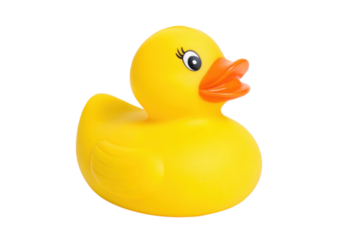 PNG Bright yellow rubber duck with orange beak on white background
