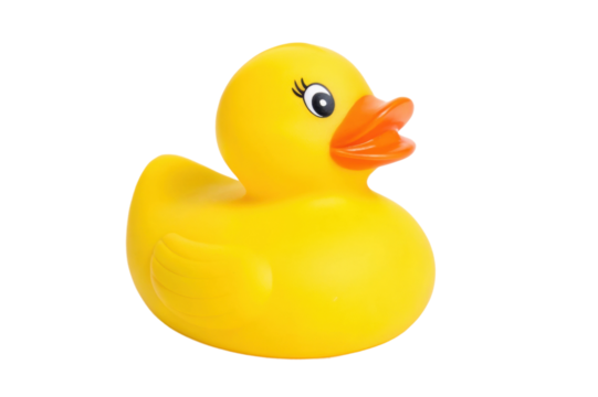 PNG Bright yellow rubber duck with orange beak on white background