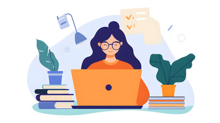 Woman with glasses working on a laptop surrounded by books and plants in a bright and cheerful setting