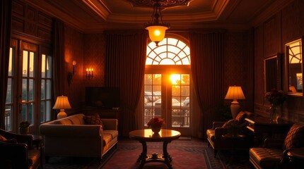 Fine art photograph capturing a luxurious and adorable art deco house interior at sunrise or sunset. soft, warm light creates a charming atmosphere. 