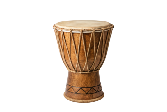PNG Traditional african djembe drum with carved wooden base on black background