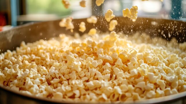 Freshly popped popcorn kernels in bowl closeup food image