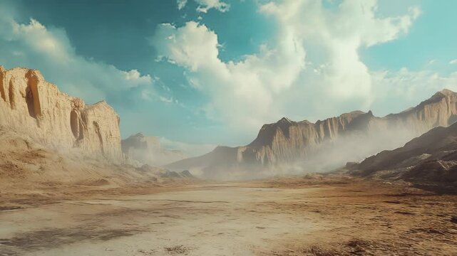 A dirt road in a desert with mountains in the background