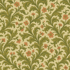  Seamless Vintage Floral Pattern with Olive Green Leaves
