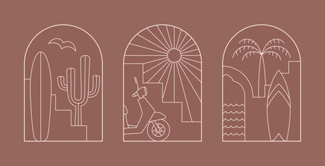 Line arabic surfing spot banners. Moroccan style landscape, surfboard, sun, ocean vector background