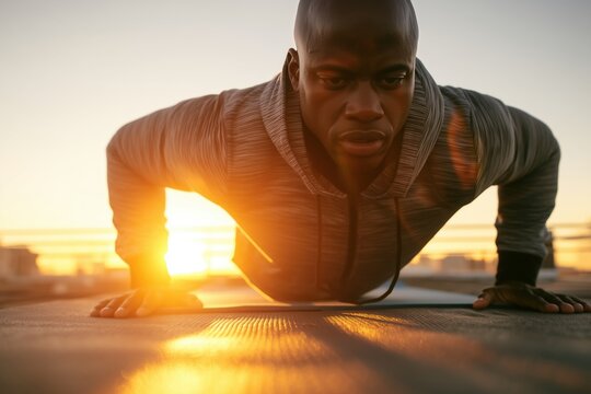 Determined man doing push ups at sunrise urban fitness workout health wellness strong body building exercise