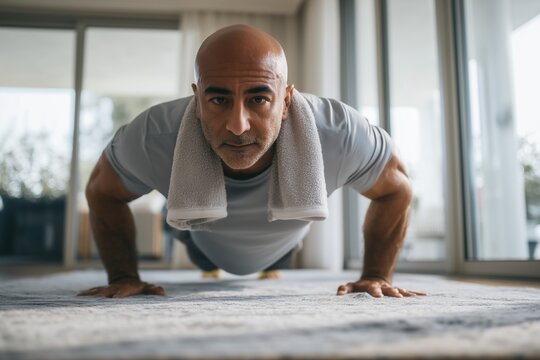 Determined mature man doing push ups home workout fitness exercise strength training healthy lifestyle