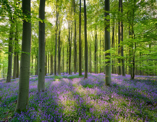 Vibrant landscape in a green deciduous forest with thick stems of beech trees and a carpet of purple flowers on the ground. Many purple flowers in a green beech forest