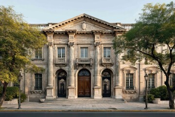 Obraz premium Neoclassical facade showcasing stately columns, arched doorways, and symmetrical window arrangements for historical or architectural themes