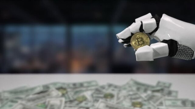A robotic hand holds a single Bitcoin coin above a spread of cash, symbolizing the intersection of technology and finance in the evolving cryptocurrency landscape. MZL