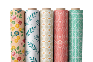 PNG Colorful gift wrapping paper rolls with floral and geometric patterns
