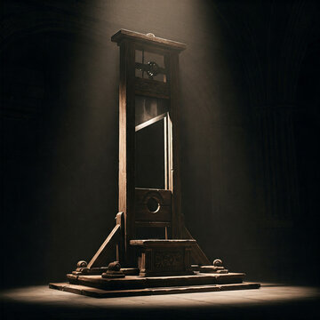 An old guillotine illuminated in the dark