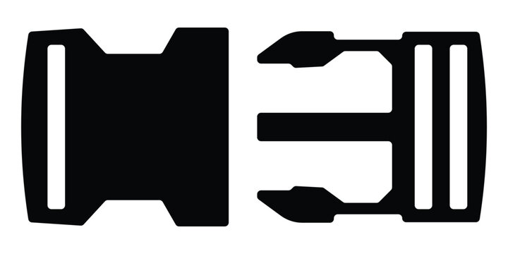 Plastic side release buckle vector icon. Clip fastener for backpack straps, belts, or outdoor gear. Black silhouette isolated on white background.