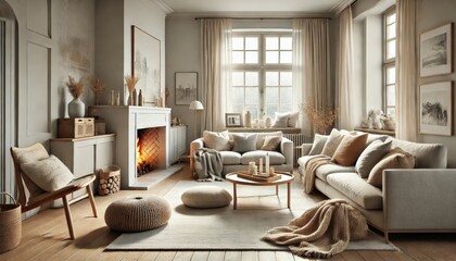 Scandinavian Style Living Room With Fireplace and Natural Light