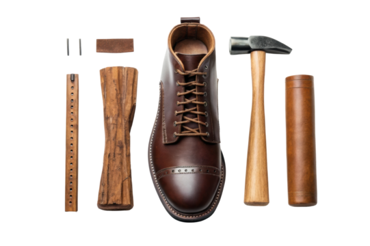 PNG Leather shoe and tools with hammer and polish on black background