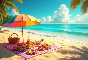 vibrant beachside picnic setup colorful umbrellas gourmet spread sand coastal relaxation, food, blanket, shade, beverage, fruit, dessert, tableware, drinks