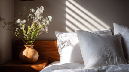 Still life of flowers in a vase on a wooden nightstand next to a bed with sunlight streaming through blinds