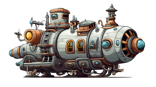 Detailed close-up of a steam punk spaceship in a white background for sci-fi enthusiasts