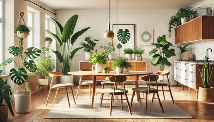 Modern Dining Room With Wooden Furniture And Indoor Plants

