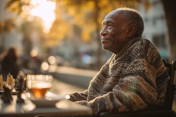 Serene Elderly Man Contemplates Chess Game Outdoors in Autumn Sunlight