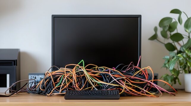 Tangled computer cables on desk technology organization and repair