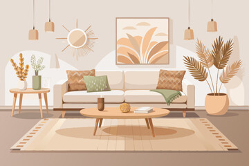 Modern Beige Living Room Interior Design with Neutral Tones and Natural Elements