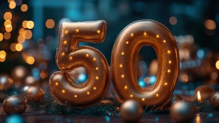 Golden number fifty, festive holiday backdrop.  Number 50, highlighted by warm interior lights, sits in front of a blurred Christmas scene with lights and ornaments