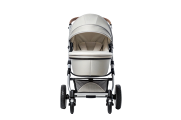 PNG Elegant beige baby stroller front view with black accents