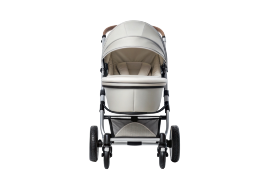 PNG Elegant beige baby stroller front view with black accents