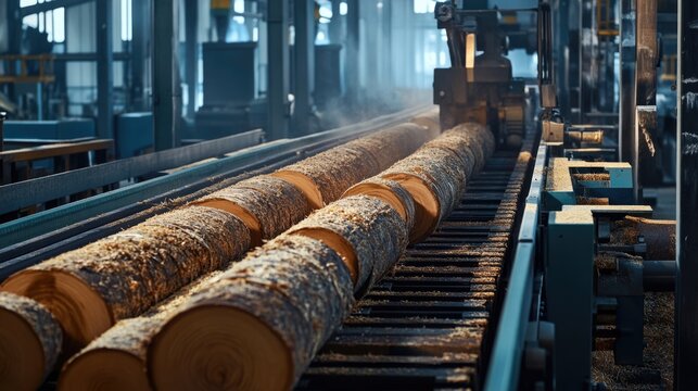 Wood Logs on Conveyor Belt in Lumber Mill, Industrial Timber Processing